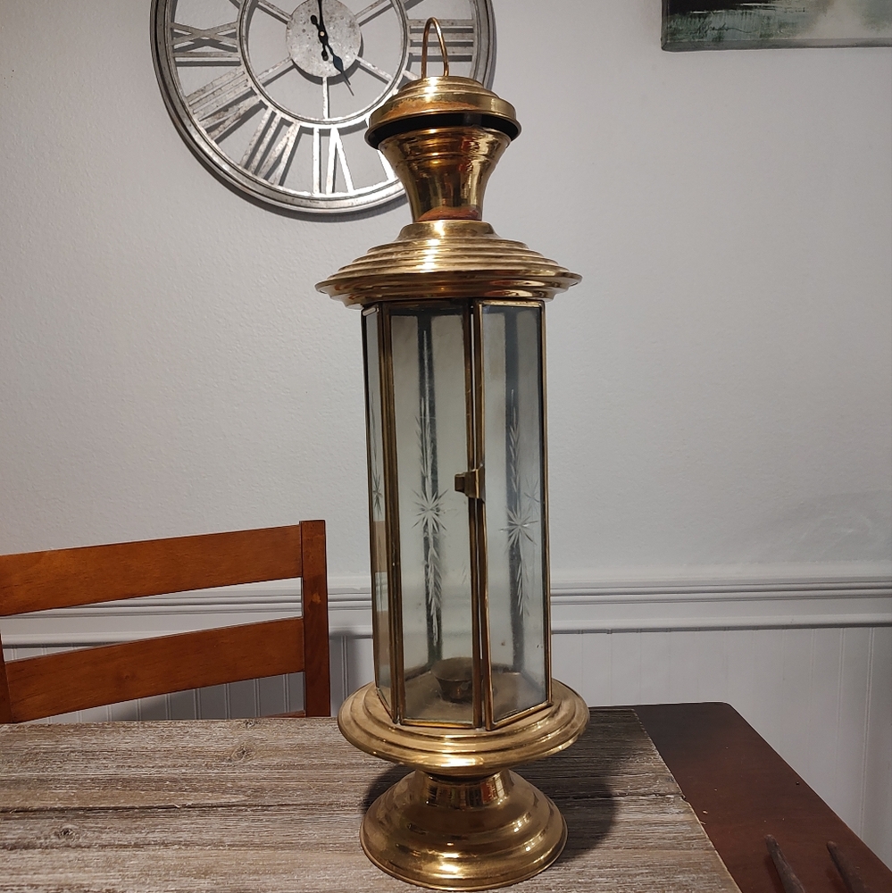Antique Brass Etched Glass Candle Lantern Turkish Vintage Old Hanging Light